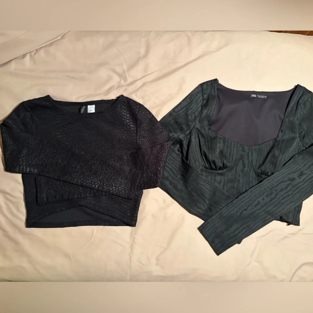 Black Textured Crop Top + Black Bustier Long Sleeve Set
